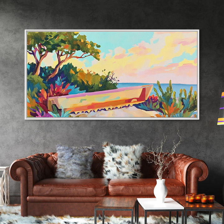Pastel Garden Bench Overlooking Calm Sea Canvas Print, Coastal Wall Art, Mediterranean Decor, Serene Landscape For Living Room