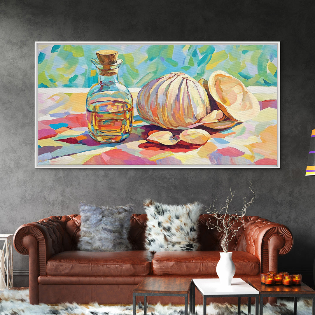 Garlic Bulb With Glass Oil Bottle And Shell Canvas Print, Kitchen Wall Art, Coastal Food Still Life Decor, Housewarming Gift