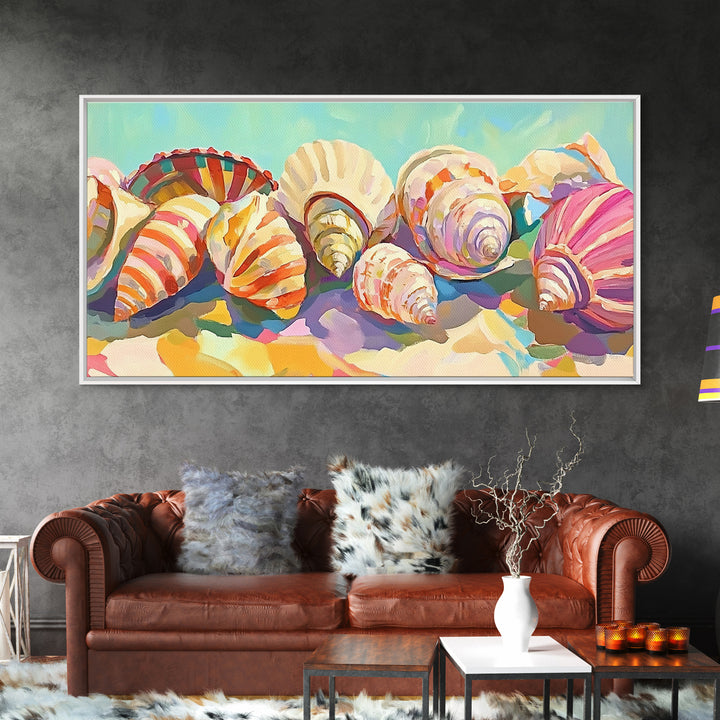 Rainbow Seashell Collection Beach Still Life Canvas Print, Coastal Wall Art, Nautical Home Decor, Colorful Beach House Gift