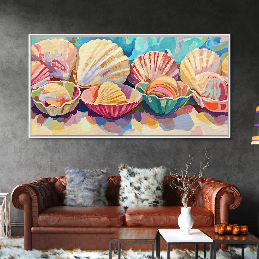 Colorful Scallop Shell Trio Still Life Wall Art, Coastal Bathroom Decor, Seashell Canvas Print, Beach House Gallery Art Print
