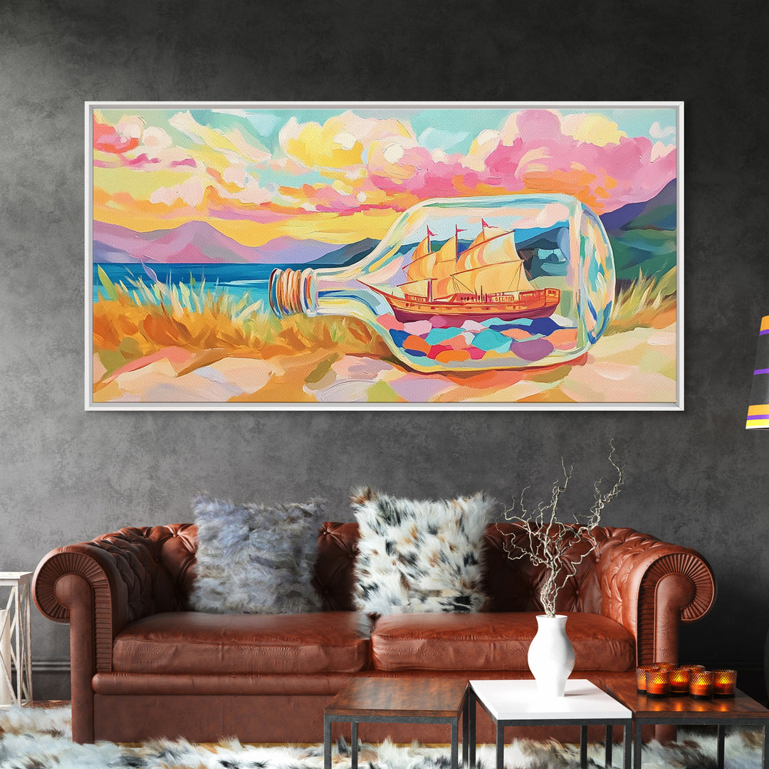 Ship In A Bottle Sunset Seascape Canvas Print, Coastal Wall Art, Nautical Beach House Decor, Whimsical Ocean Landscape Art