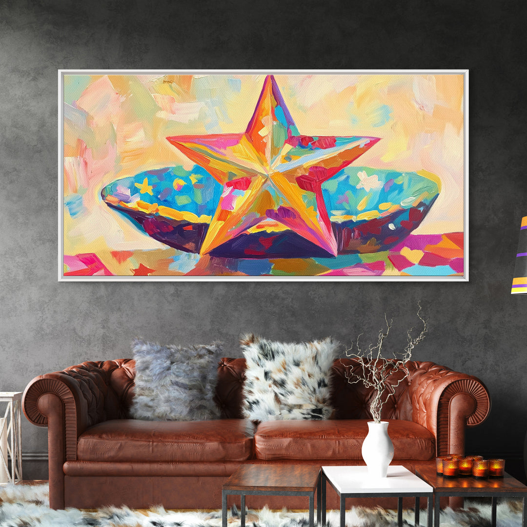 Painted Starfish And Bright Seashell Still Life Wall Art, Coastal Canvas Print, Beach House Decor, Colorful Nautical Art Gift