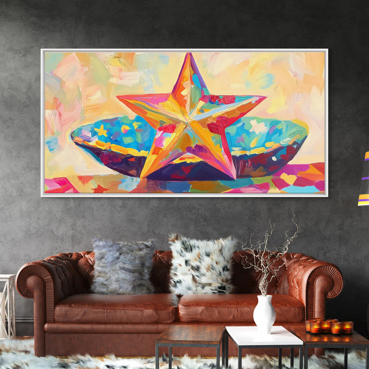 Painted Starfish And Bright Seashell Still Life Wall Art, Coastal Canvas Print, Beach House Decor, Colorful Nautical Art Gift