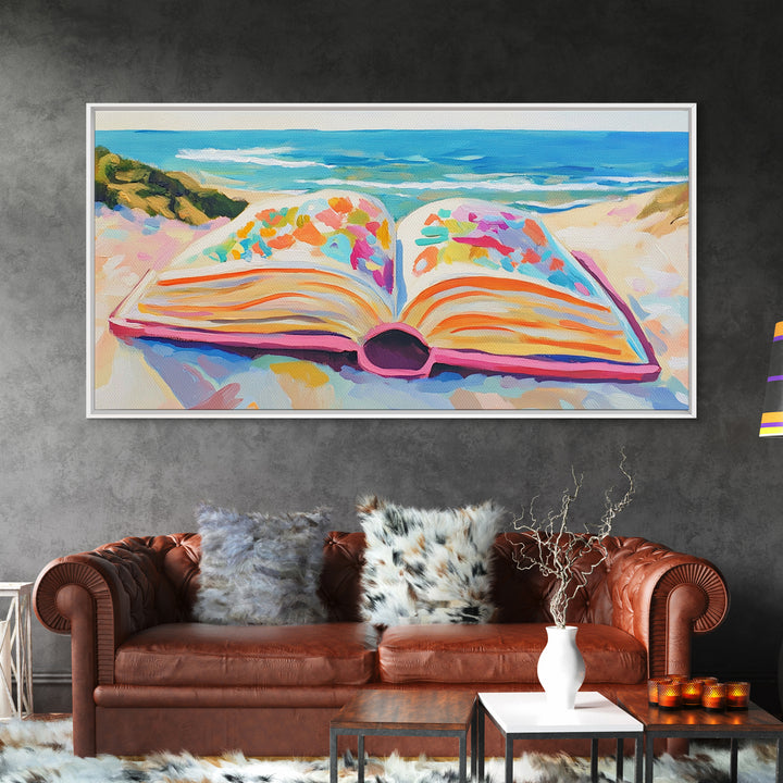 Open Book On Sunny Beach Canvas Print, Coastal Wall Art, Beach House Decor, Ocean Landscape Art, Gift For Book Lover, Living Room Decor