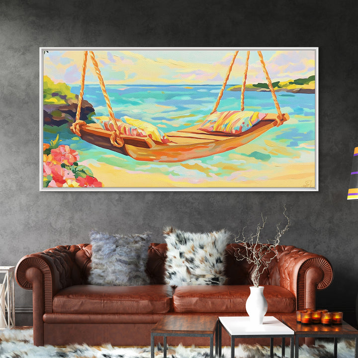 Tropical Beach Hammock Over Turquoise Water Canvas Print, Coastal Wall Art, Beach House Decor, Summer Living Room Decor Gift