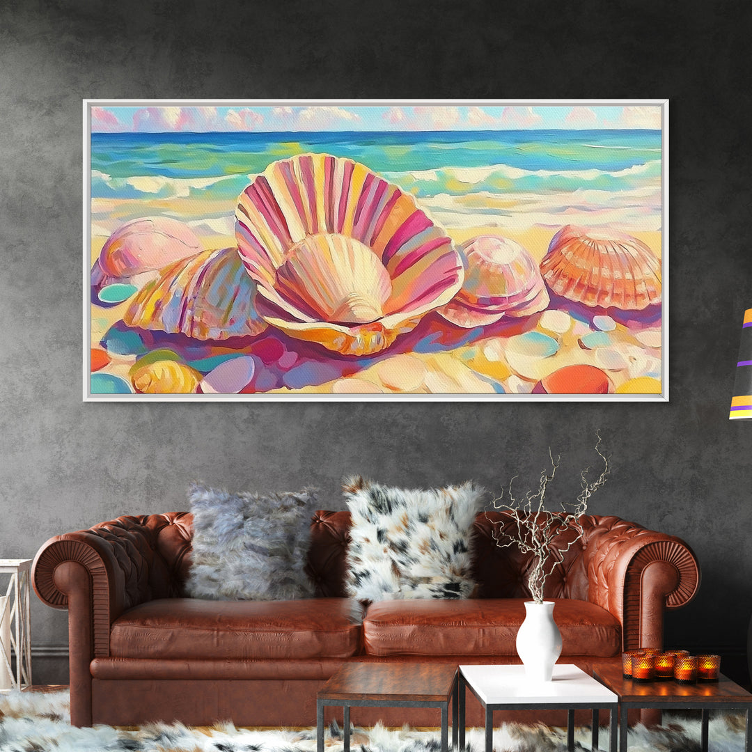 Pink Seashells On Sandy Beach Canvas Print, Coastal Wall Art, Beach House Decor, Ocean Wall Decor, Summer Gift For Her, Bathroom Decor