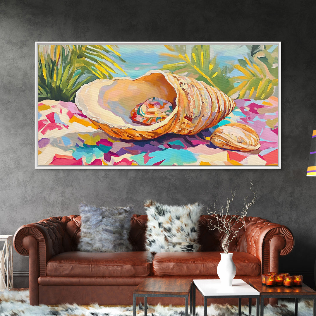 Colorful Seashell On Tropical Table Wall Art, Coastal Beach House Decor, Ocean Shell Canvas Print, Summer Nautical Gift Idea
