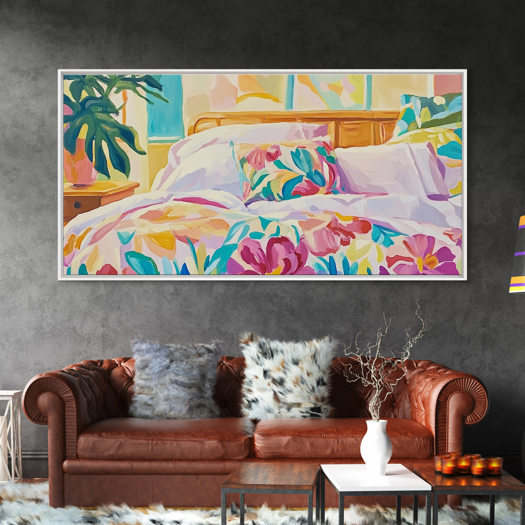 Bright Floral Bedding In Sunlit Bedroom Wall Art, Cozy Master Bedroom Decor, Tropical Canvas Print, Above Bed Gift For Her