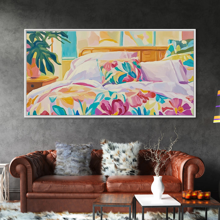 Bright Floral Bedding In Sunlit Bedroom Wall Art, Cozy Master Bedroom Decor, Tropical Canvas Print, Above Bed Gift For Her