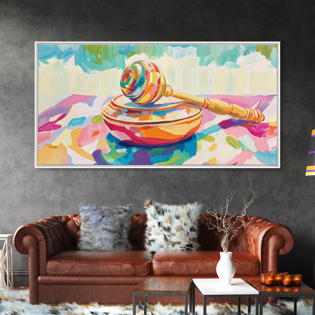 Rainbow Maraca On Painted Bowl Canvas Print, Colorful Music Room Wall Art, Whimsical Nursery Decor And Playroom Art Gift