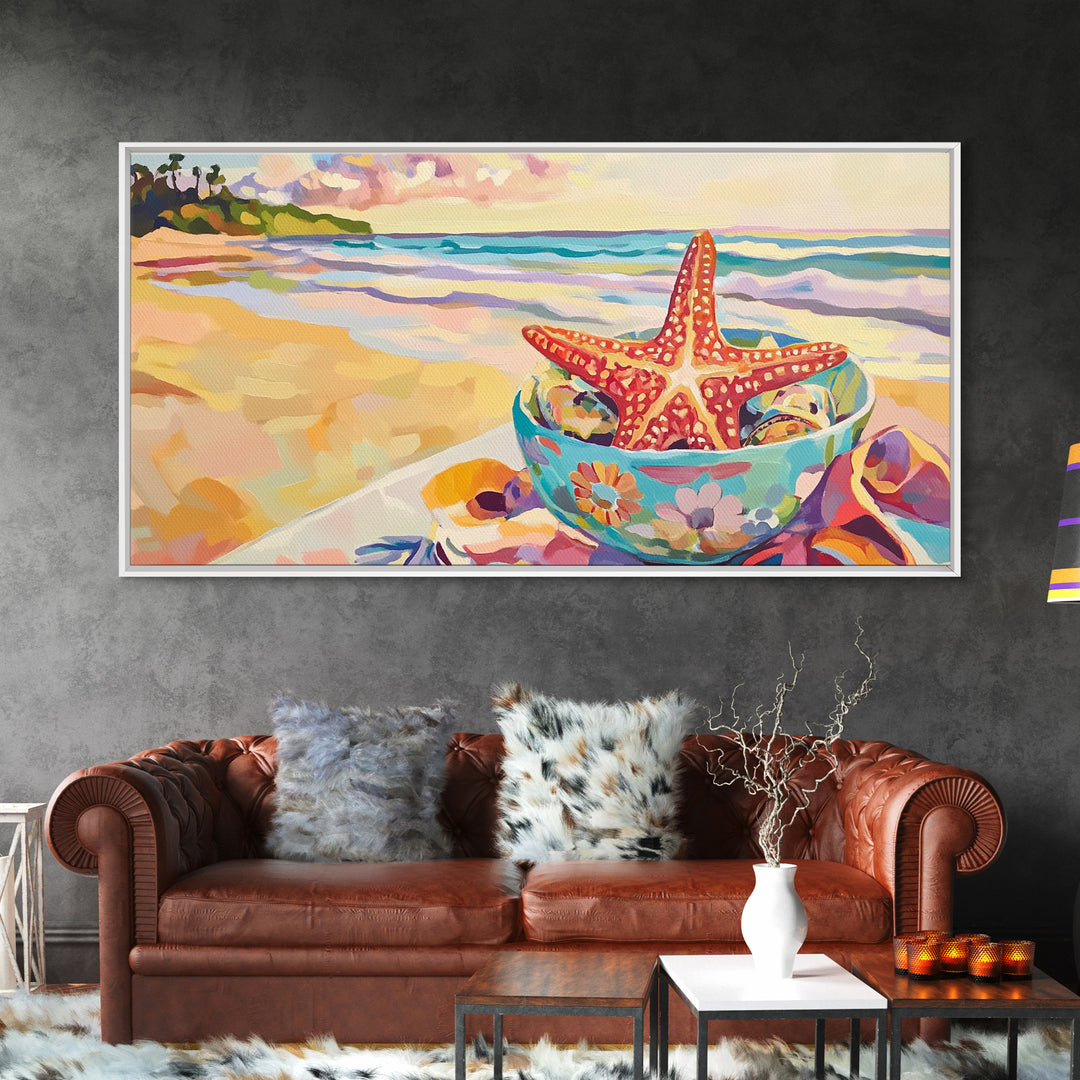 Red Starfish In Floral Bowl Beach Wall Art, Coastal Canvas Print, Ocean Decor, Beach House Gift For Her, Summer Seascape