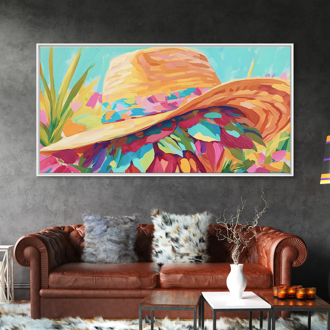 Sunlit Straw Hat With Floral Scarf Canvas Print, Coastal Cowgirl Wall Art, Summer Fashion Decor, Boho Home Decor, Gift For Her