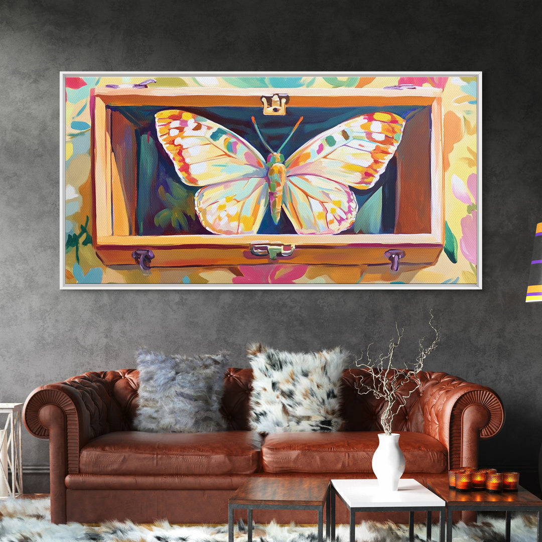 White Butterfly In Wooden Case Framed Canvas Print, Whimsical Animal Wall Art, Nature Inspired Art, Colorful Home Decor Gift