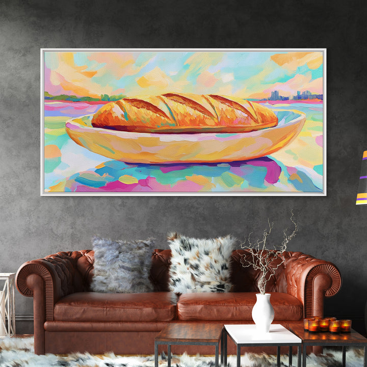 Golden Croissant On Coastal Plate Canvas Print, French Bakery Kitchen Wall Art, Beach House Decor, Cafe Poster, Food Lover Gift