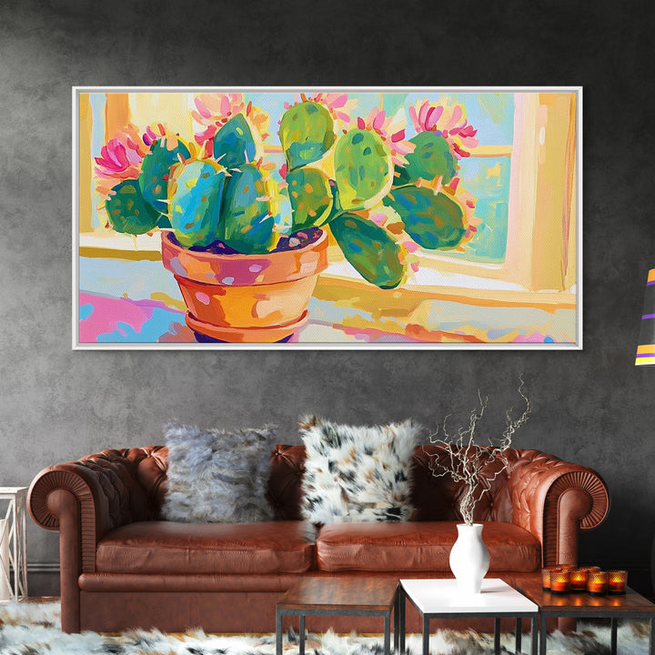 Blooming Prickly Pear Cactus Framed Canvas Print, Colorful Botanical Wall Art, Sunny Window Plant Lover Gift, Boho Home Decor