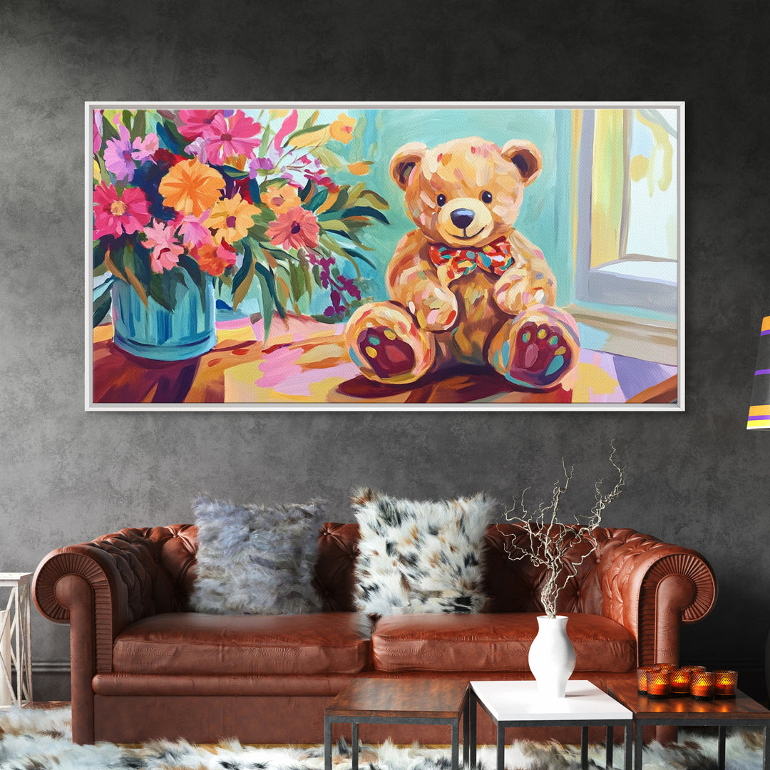 Sweet Teddy Bear With Flower Bouquet Wall Art, Colorful Nursery Decor, Kids Room Art Print, Baby Shower Housewarming Gift