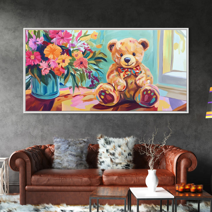 Sweet Teddy Bear With Flower Bouquet Wall Art, Colorful Nursery Decor, Kids Room Art Print, Baby Shower Housewarming Gift