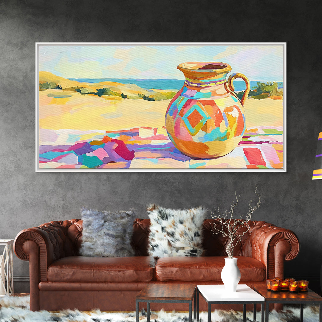 Colorful Ceramic Pitcher By Sunny Coast Framed Canvas Print, Coastal Wall Art, Mediterranean Kitchen Decor, Beach House Gift