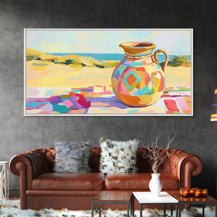 Colorful Ceramic Pitcher By Sunny Coast Framed Canvas Print, Coastal Wall Art, Mediterranean Kitchen Decor, Beach House Gift