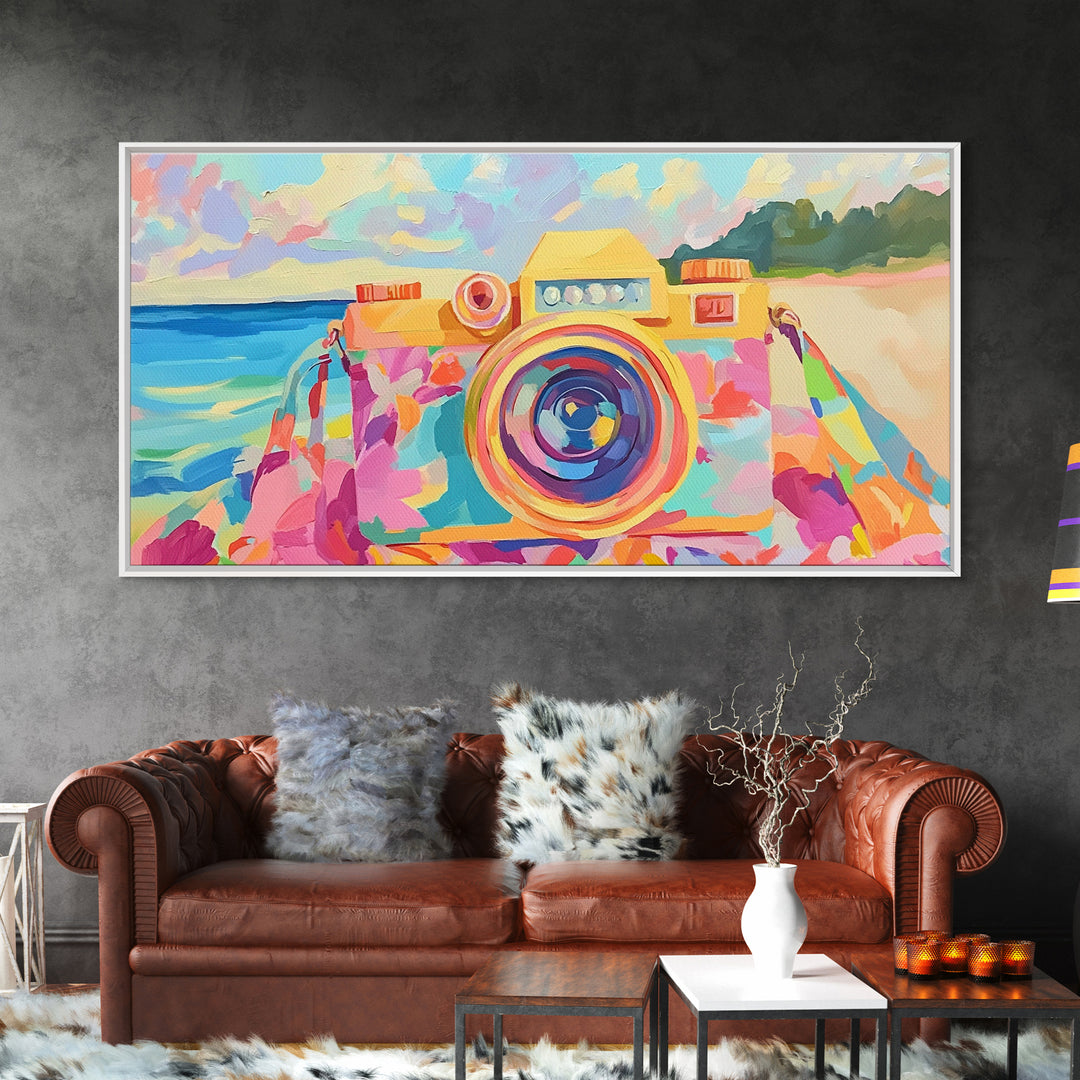 Retro Floral Camera On Sunny Beach Towel Canvas Print, Coastal Wall Art, Photography Decor, Dopamine Decor, Gift For Her