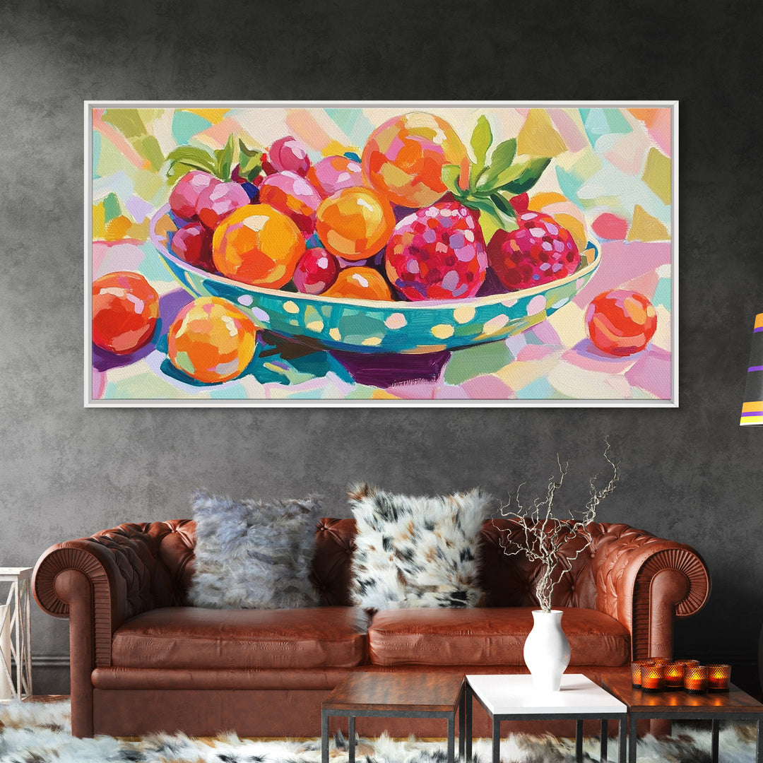Bright Fruit Bowl With Berries Canvas Print, Colorful Kitchen Wall Art, Fruit Art Painting, Dining Room Prints, Foodie Gift