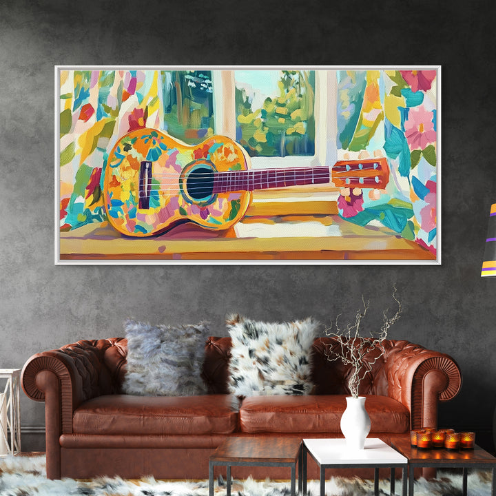 Painted Ukulele By Sunny Window Framed Canvas Print, Music Room Decor, Tropical Wall Art, Boho Home Decor, Gift For Music Lover