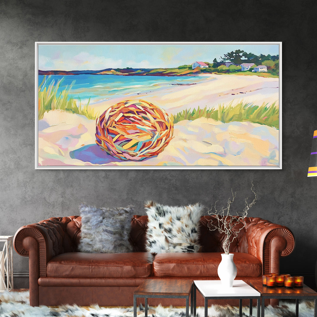 Woven Beach Ball On Sandy Shore Wall Art, Coastal Seascape Canvas, Beach House Decor, Summer Ocean Landscape Print Gift For Her