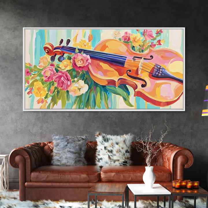 Romantic Violin With Garden Flowers Framed Canvas Print, Music Room Decor, Floral Wall Art, Gift For Music Lover, Elegant Fine Art Print