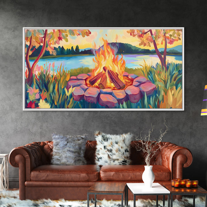 Lakeside Campfire At Sunset Framed Canvas Print, Cozy Cabin Wall Art, Rustic Home Decor, Nature Landscape Gift, Lake House Decor