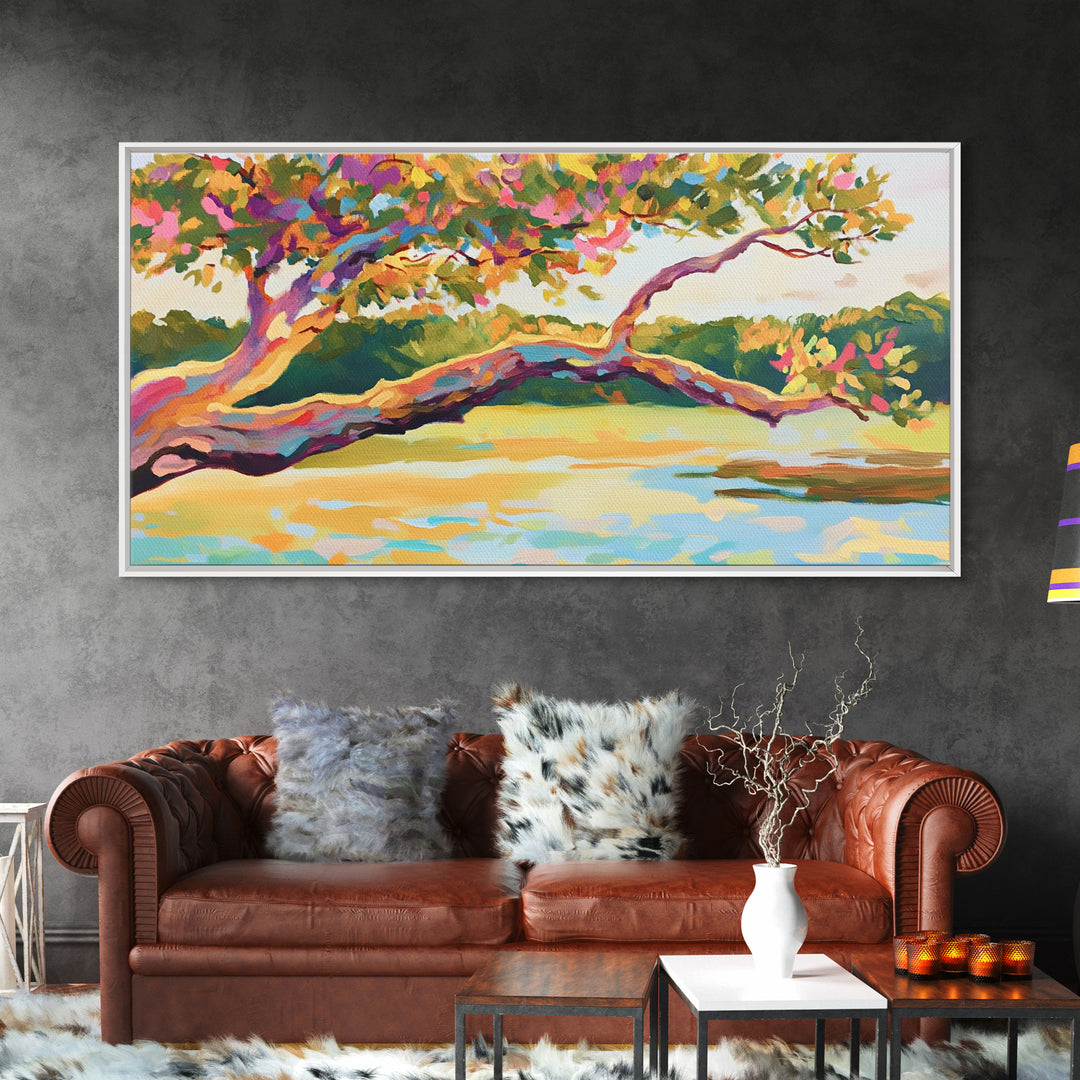 Colorful Lakeside Tree Wall Art, Vibrant Landscape Painting, Nature Canvas Wall Art, Living Room Decor, Housewarming Gift