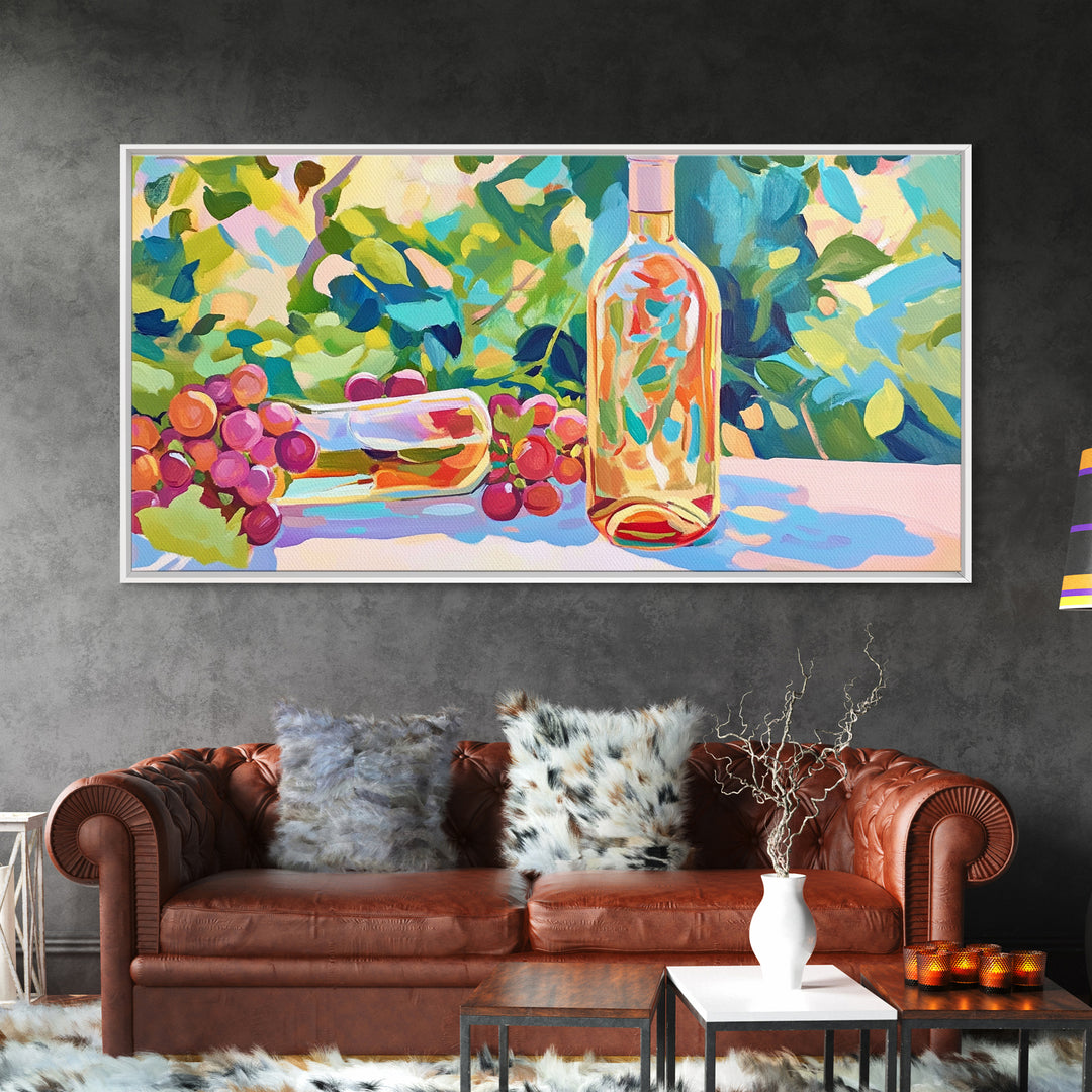 Sunlit Wine Bottle And Grapes Framed Canvas Print, Vineyard Kitchen Wall Art, Winery Decor, Wine Lover Housewarming Gift