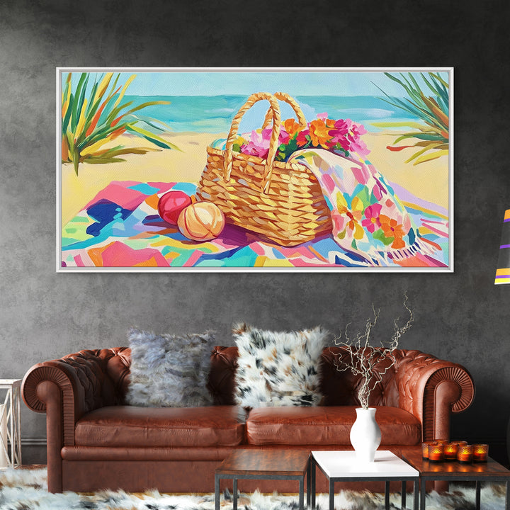 Beach Picnic Basket With Flowers Wall Art, Coastal Canvas Print For Beach House Decor, Summer Living Room Decor, Gift For Her