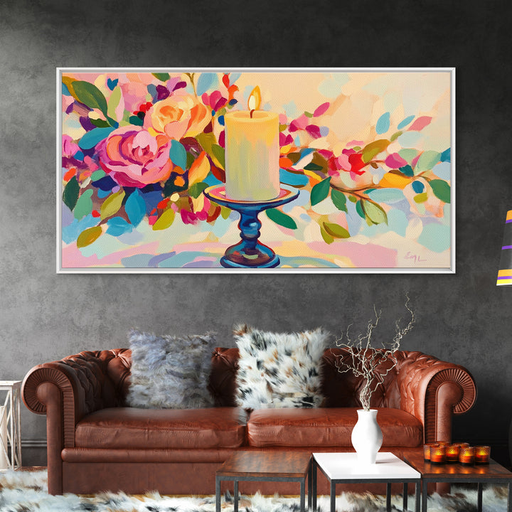 Lit Candle Among Lush Flowers Wall Art, Romantic Floral Framed Canvas Print For Bedroom Decor, Spa Decor, Gift For Her, Home Decor