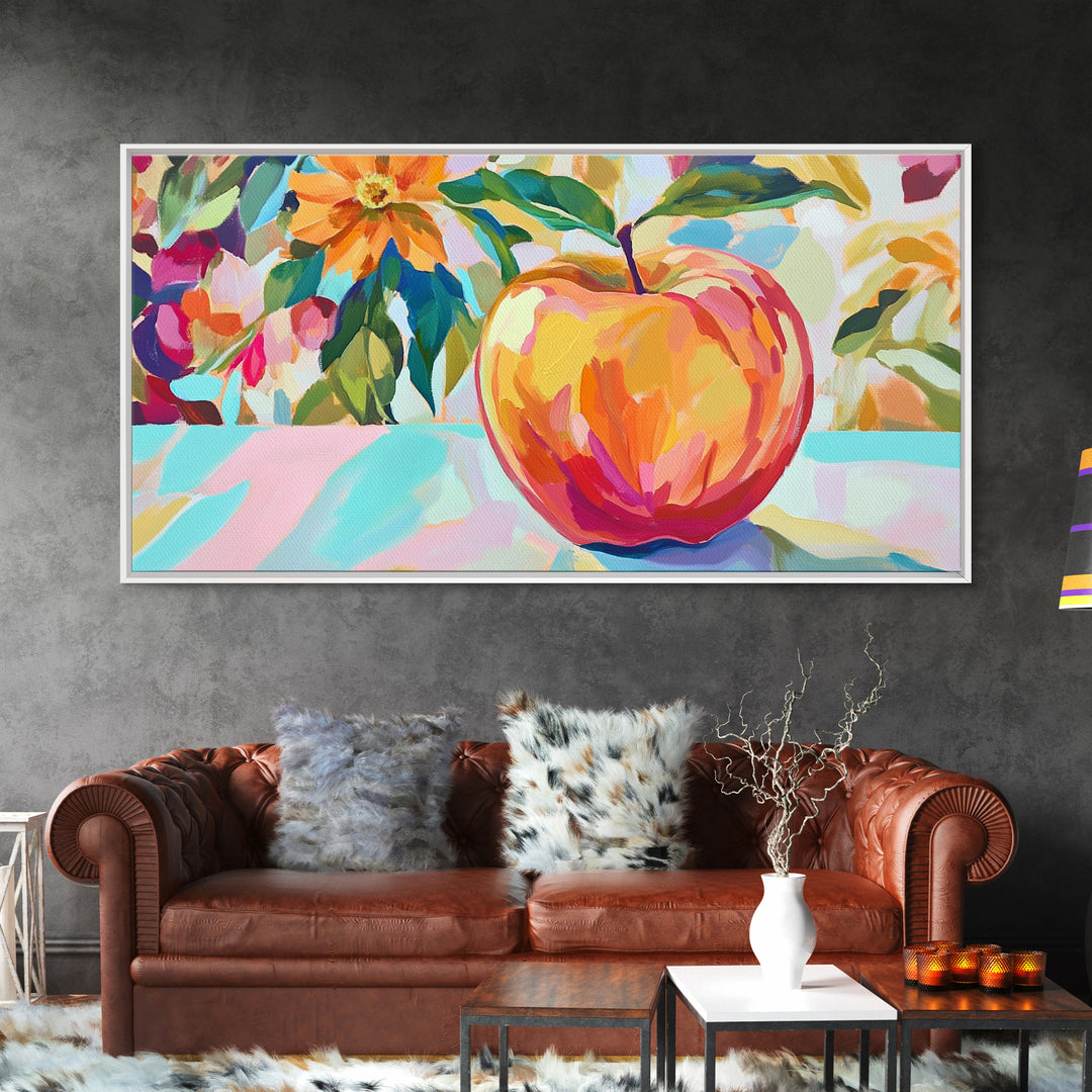 Single Apple With Bold Flowers Canvas Print, Colorful Kitchen Wall Art, Fruit Still Life, Botanical Decor, Housewarming Gift