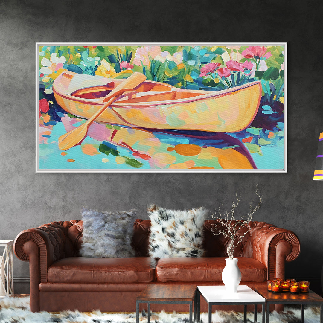 Yellow Canoe With Paddle In Floral Water Canvas Print, Coastal Wall Art, Lake House Decor, Boho Landscape, Housewarming Gift