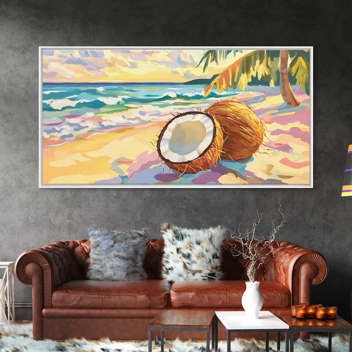 Tropical Coconut Beach Scene Canvas Print, Coastal Wall Art, Ocean Decor, Beach House Decor, Summer Kitchen Art, Gift For Her