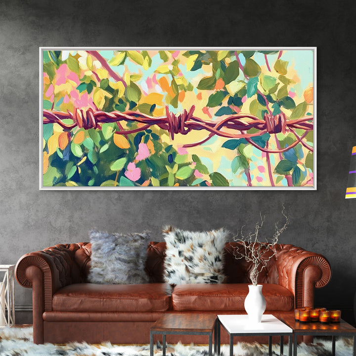 Barbed Wire And Green Vines Canvas Print, Rustic Farmhouse Wall Art, Country Decor, Western Wall Decor, Nature Art, Ranch Decor