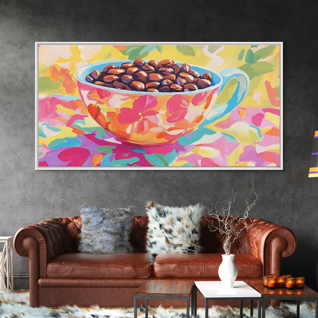 Floral Teacup With Coffee Beans Canvas Print, Coffee Bar Wall Art, Kitchen Decor, Cafe Art, Coffee Lover Gift, Home Decor