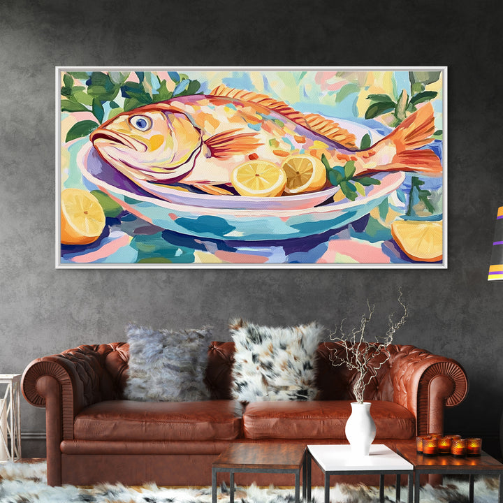 Whole Fish With Lemons On Platter Canvas Print, Coastal Kitchen Wall Art, Seafood Wall Decor, Nautical Home Decor Gift Idea