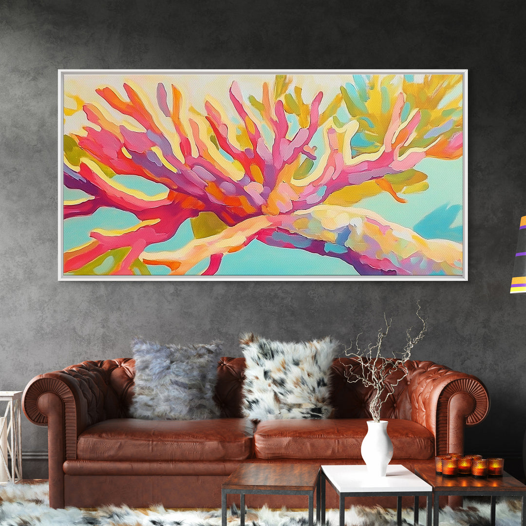 Bright Pink Coral Reef Branch Wall Art, Tropical Ocean Canvas Print, Coastal Decor, Marine Life Art, Vibrant Beach House Decor