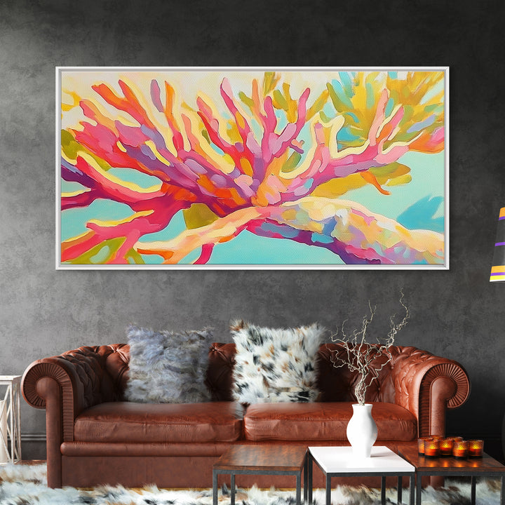 Bright Pink Coral Reef Branch Wall Art, Tropical Ocean Canvas Print, Coastal Decor, Marine Life Art, Vibrant Beach House Decor