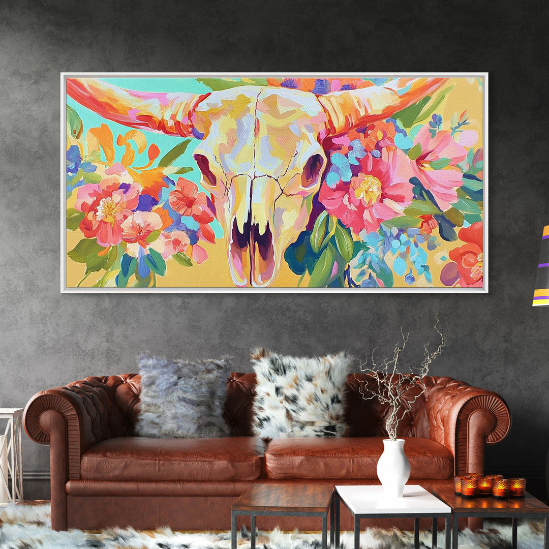 Floral Longhorn Skull With Pink Blooms Wall Art, Western Canvas Print, Cowgirl Decor, Boho Southwestern Housewarming Gift