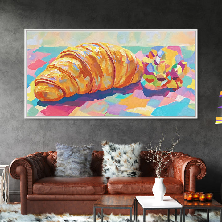 Golden Croissant And Macaron Wall Art, French Bakery Canvas Print, Cafe Kitchen Decor, Food Art Print, Sweet Gift For Baker