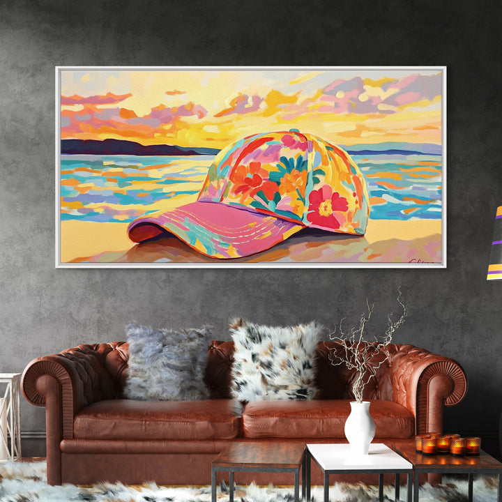 Floral Baseball Cap Wall Art, Beach Sunset Canvas Print, Coastal Cowgirl Decor, Ocean Wall Art, Summer Gift For Her, Beach House Decor
