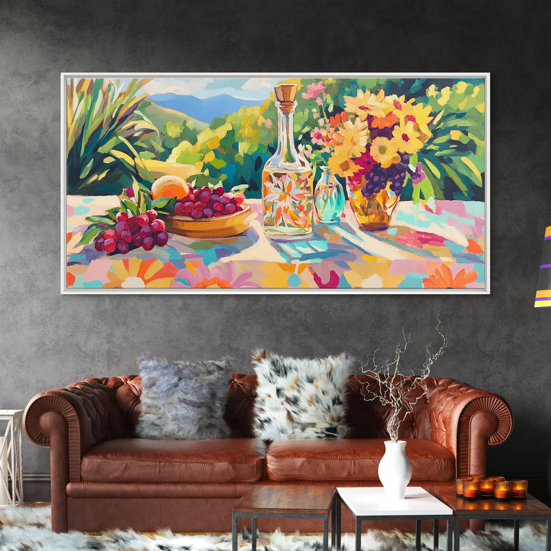 Sunlit Grapes And Wine Framed Canvas Print, Vineyard Kitchen Wall Art, French Country Decor, Dining Room Art, Hostess Gift