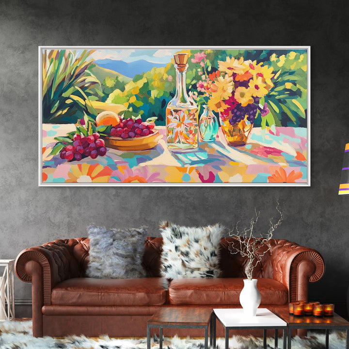 Sunlit Grapes And Wine Framed Canvas Print, Vineyard Kitchen Wall Art, French Country Decor, Dining Room Art, Hostess Gift