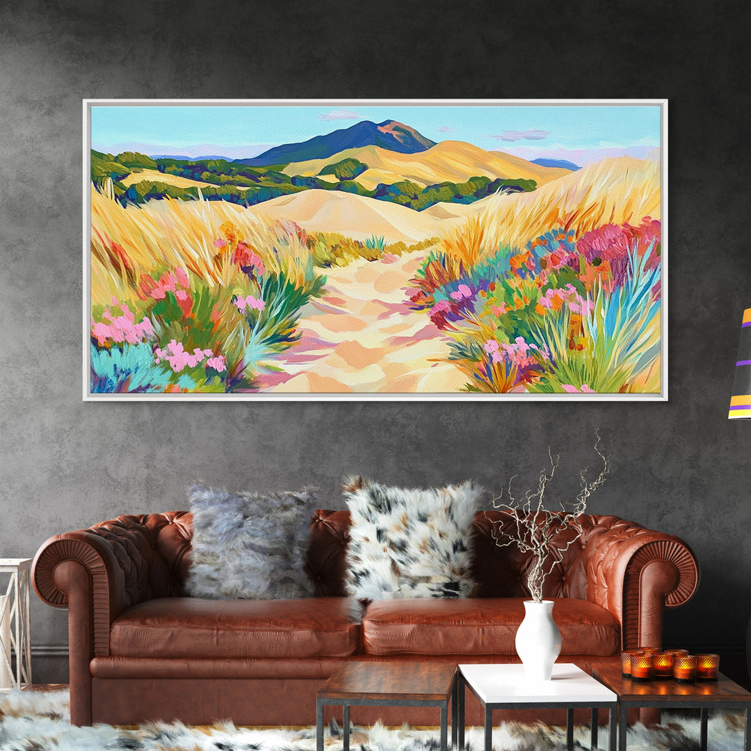 Golden Dune Path Canvas Print, Wildflower Landscape Wall Art, Coastal Desert Decor, Mountain Wall Art, Large Horizontal Art