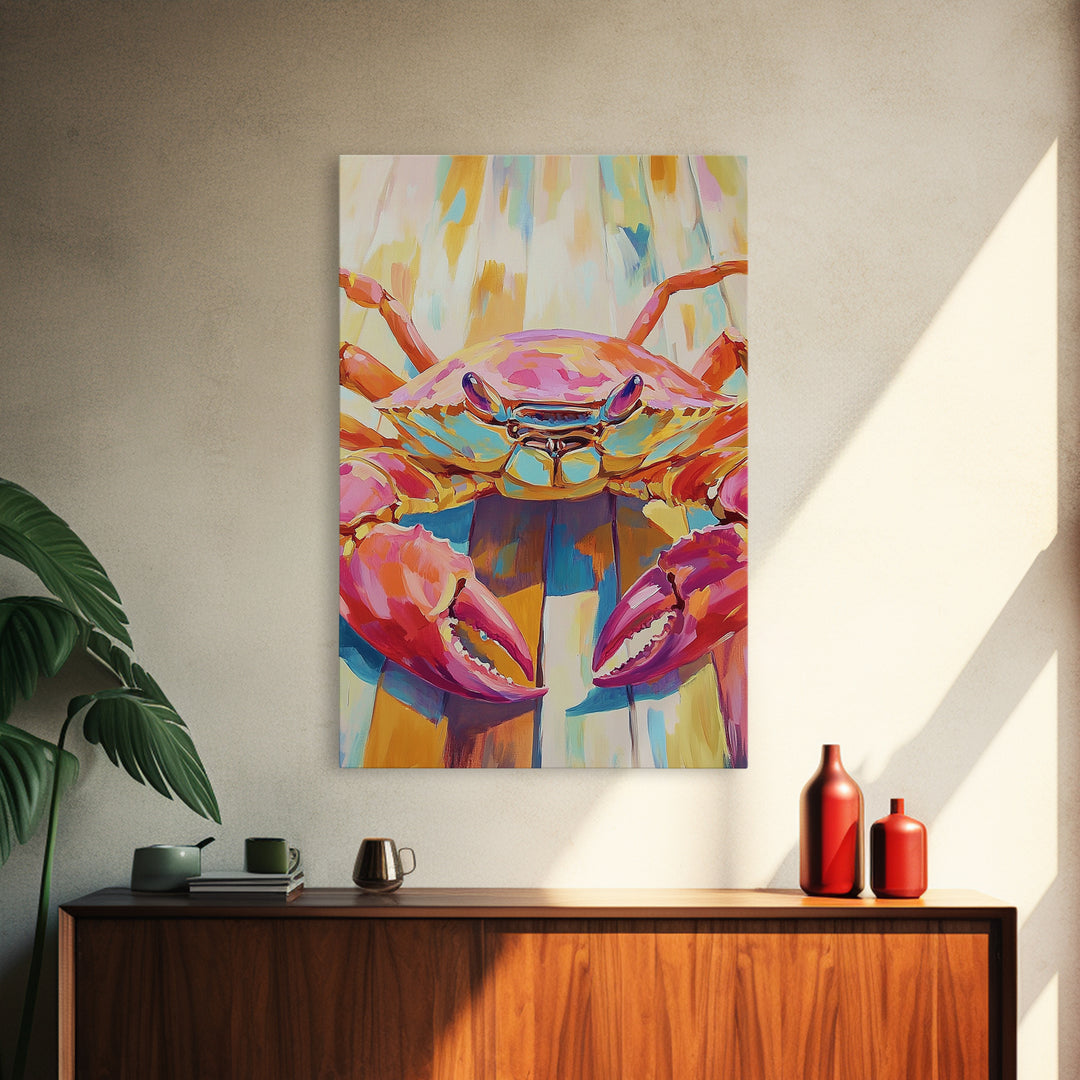 Vibrant Pink Crab On Weathered Dock Wall Art, Coastal Canvas Print For Beach House Decor, Ocean Wall Art, Seafood Gift Print