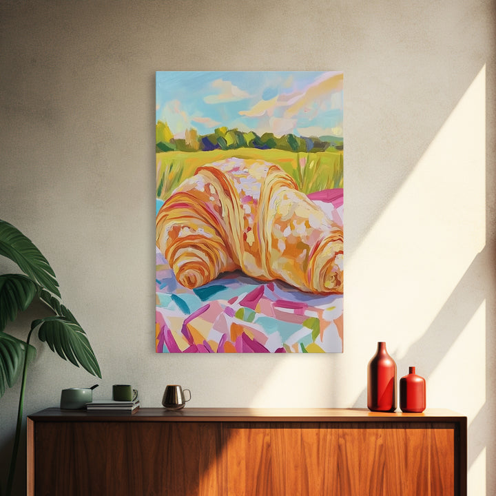 Golden Croissant Picnic In Sunny Field Wall Art, French Bakery Canvas Print For Kitchen Decor, Cafe Art Print, Foodie Gift
