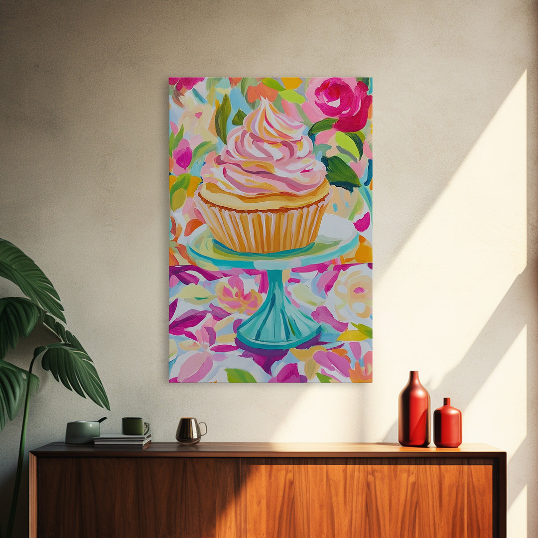 Pink Cupcake On Turquoise Cake Stand Wall Art, Cute Bakery Canvas Print For Kitchen Decor, Girls Room Art, Gift For Baker